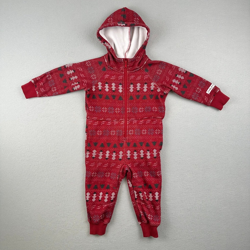 Fabletics Jumpsuit Kids 3T Red Fair Isle Snowman Hooded Fleece Romper OY2500505
